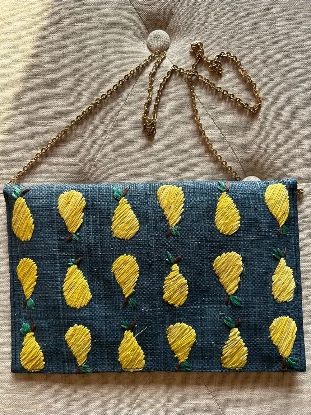 Embroidered Pear Pattern Blue Clutch with Gold Chain